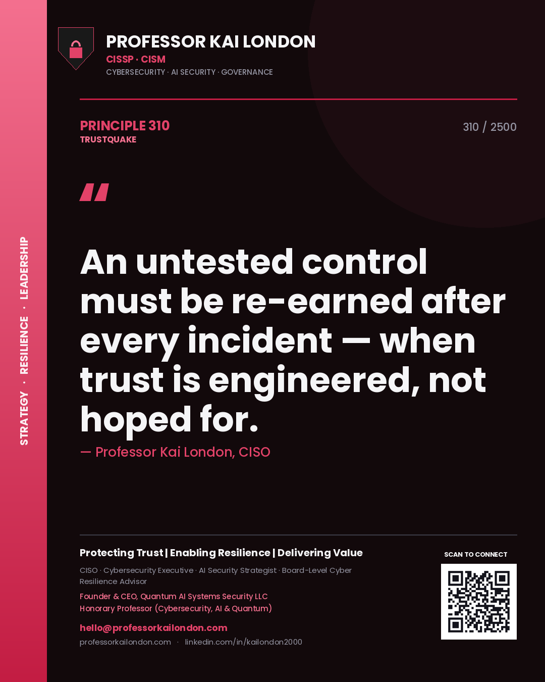Professor Kai London principle 310: An untested control must be re-earned after every incident — when trust is engineered, not hoped for.