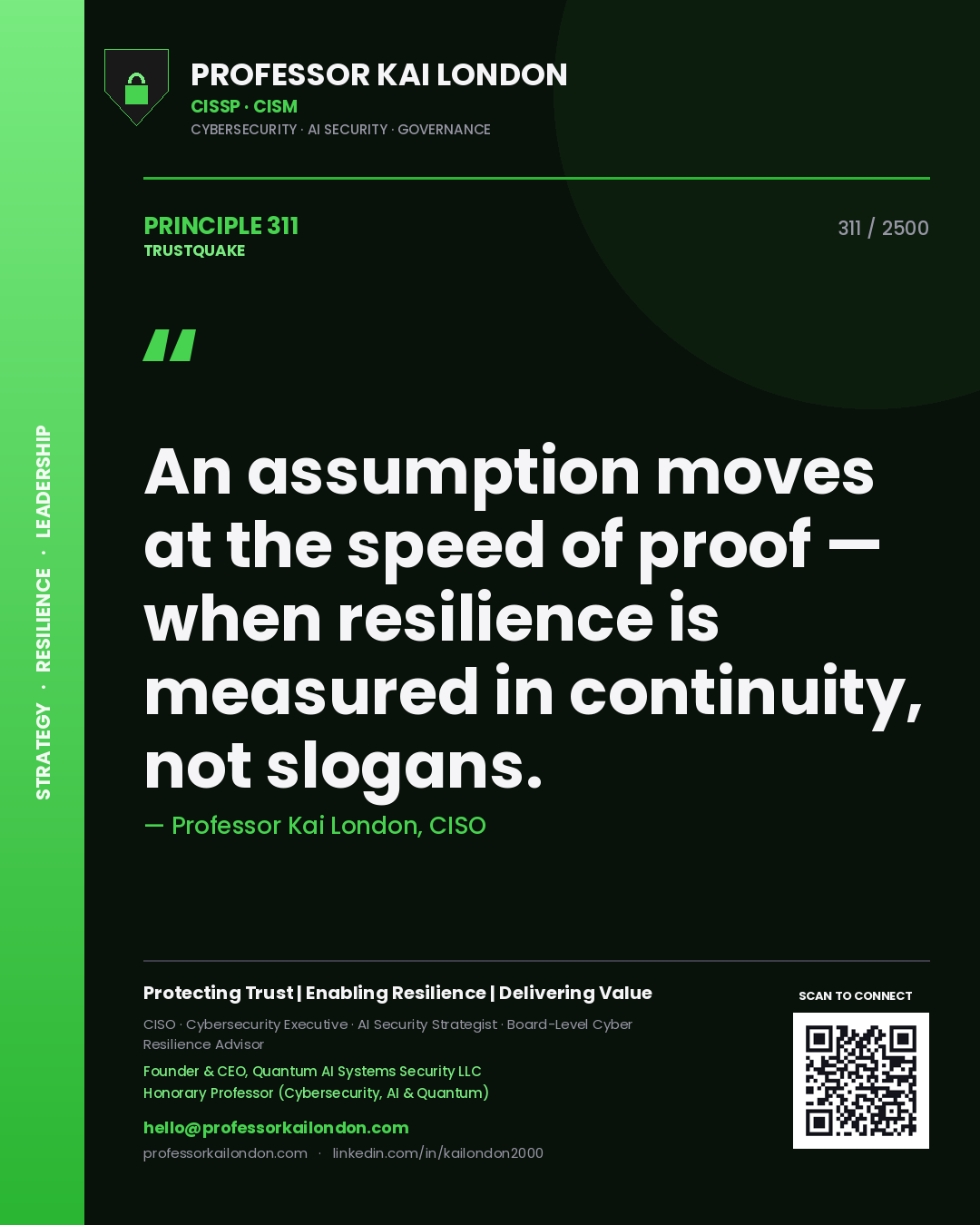 Quote card by Professor Kai London reading 'An assumption moves at the speed of proof — when resilience is measured in continuity, not slogans.'. From the book Trustquake.