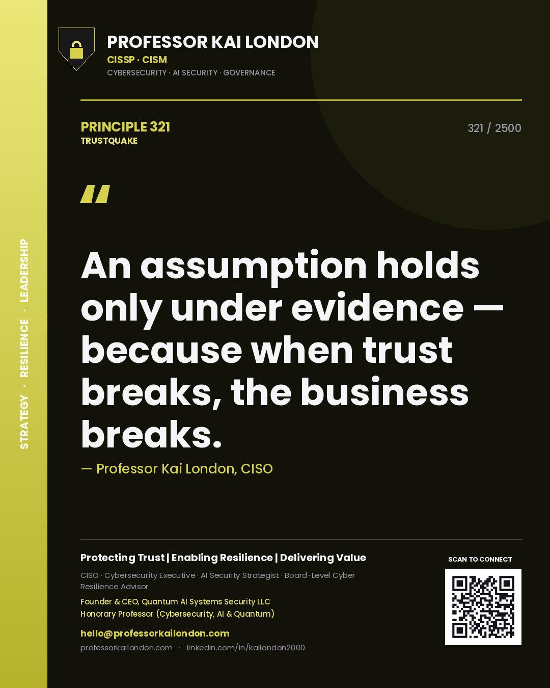 Quote card by Professor Kai London reading 'An assumption holds only under evidence — because when trust breaks, the business breaks.'. From the book Trustquake.