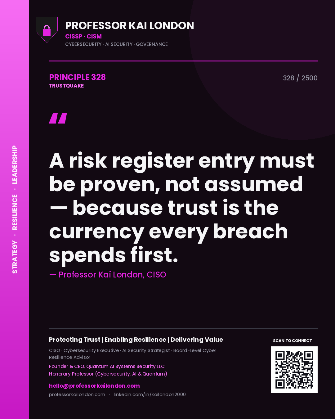 Quote card by Professor Kai London reading 'A risk register entry must be proven, not assumed — because trust is the currency every breach spends first.'. From the book Trustquake.
