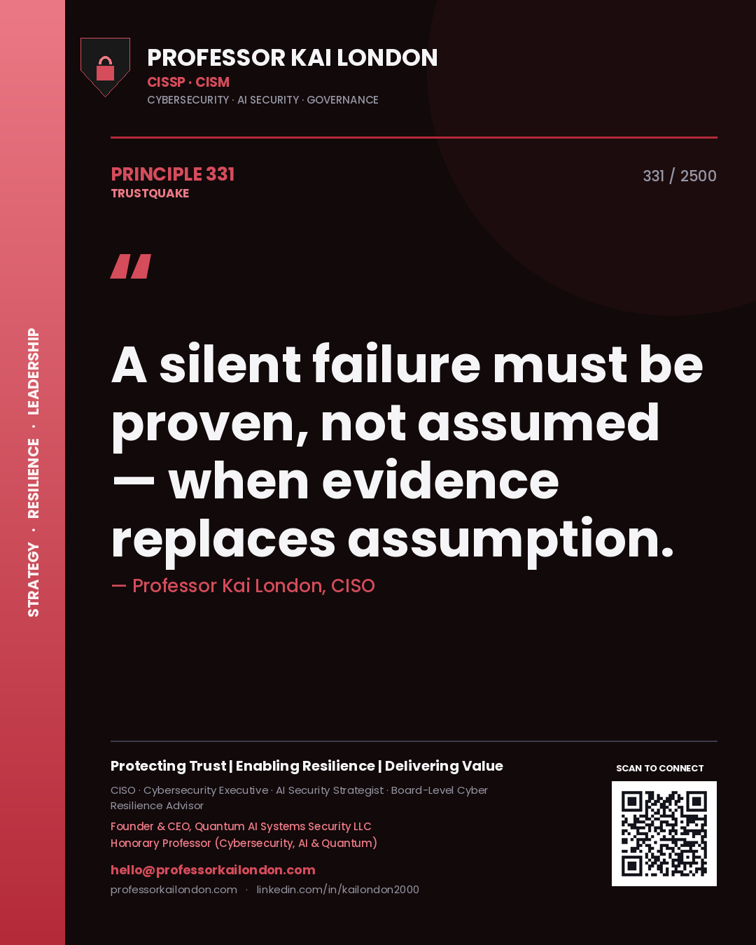 Quote card by Professor Kai London reading 'A silent failure must be proven, not assumed — when evidence replaces assumption.'. From the book Trustquake.