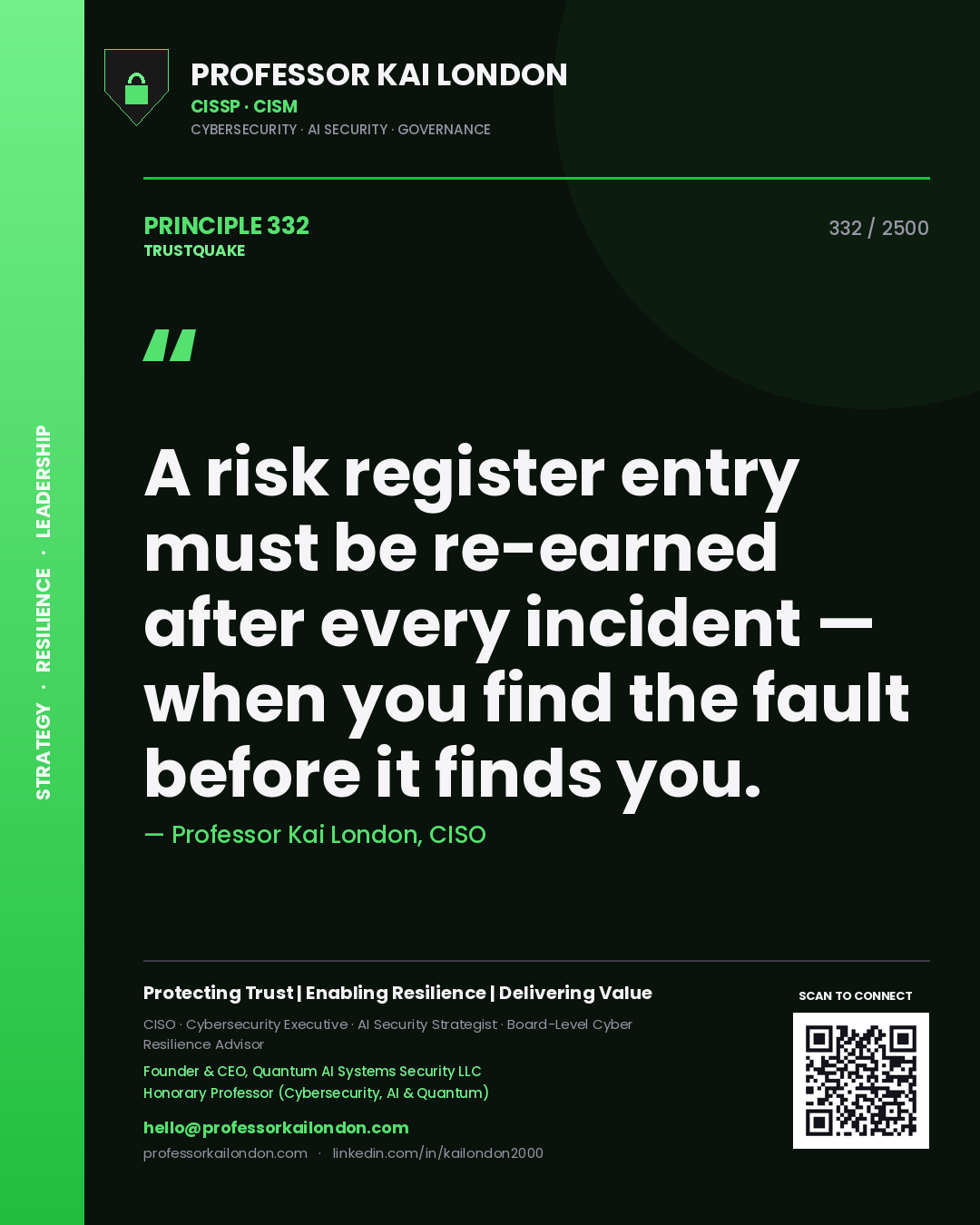 Quote card by Professor Kai London reading 'A risk register entry must be re-earned after every incident — when you find the fault before it finds you.'. From the book Trustquake.