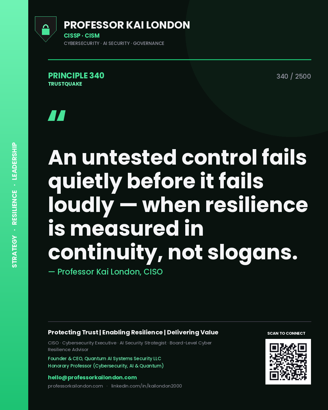 Quote card by Professor Kai London reading 'An untested control fails quietly before it fails loudly — when resilience is measured in continuity, not slogans.'. From the book Trustquake.