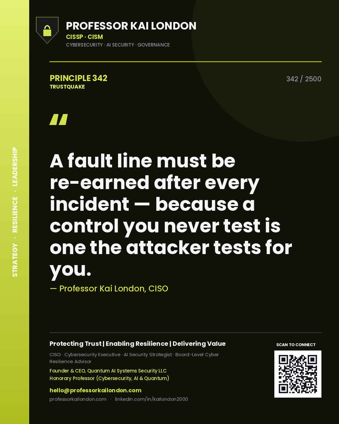 Quote card by Professor Kai London reading 'A fault line must be re-earned after every incident — because a control you never test is one the attacker tests for you.'. From the book Trustquake.
