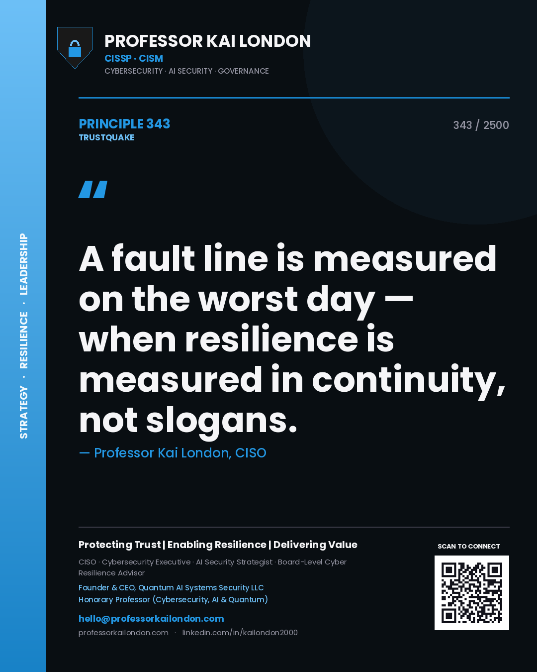 Quote card by Professor Kai London reading 'A fault line is measured on the worst day — when resilience is measured in continuity, not slogans.'. From the book Trustquake.