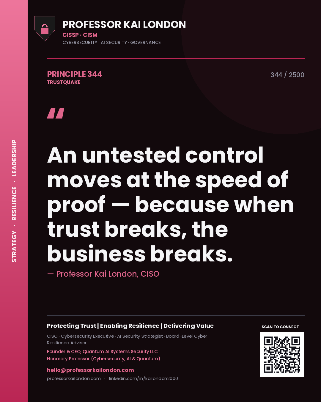 Professor Kai London principle 344: An untested control moves at the speed of proof — because when trust breaks, the business breaks.