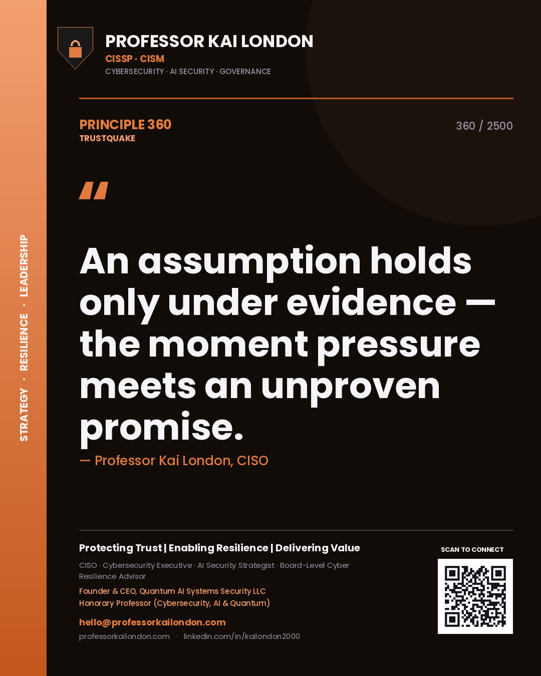 Quote card by Professor Kai London reading 'An assumption holds only under evidence — the moment pressure meets an unproven promise.'. From the book Trustquake.