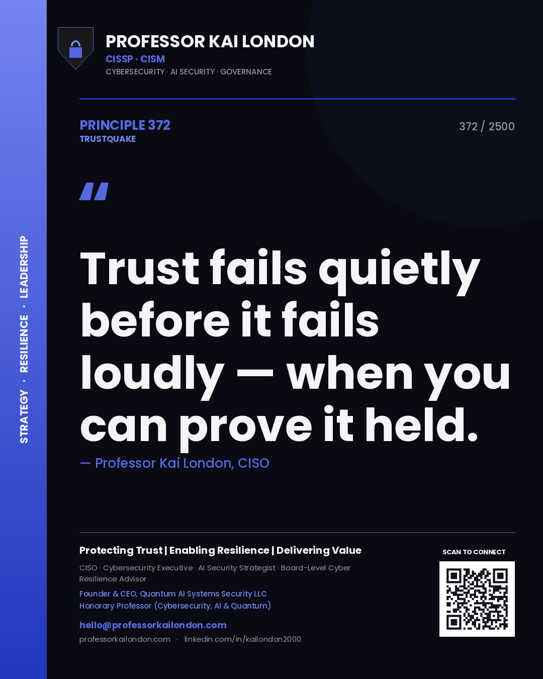 Quote card by Professor Kai London reading 'Trust fails quietly before it fails loudly — when you can prove it held.'. From the book Trustquake.