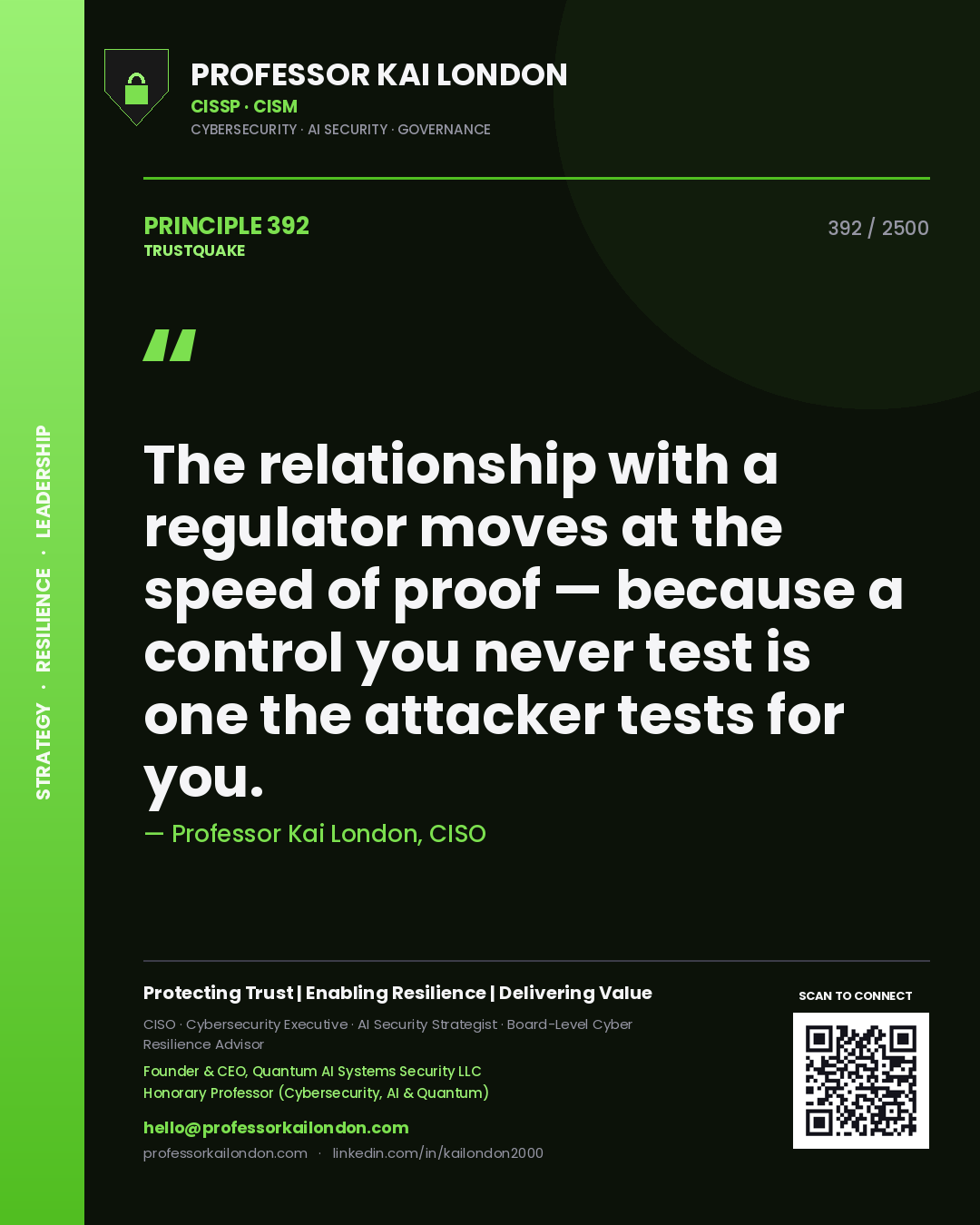 Quote card by Professor Kai London reading 'The relationship with a regulator moves at the speed of proof — because a control you never test is one the attacker tests for you.'. From the book Trustquake.