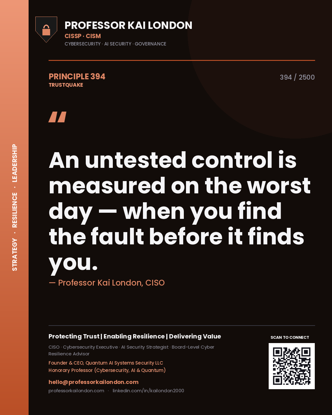 Professor Kai London principle 394: An untested control is measured on the worst day — when you find the fault before it finds you.