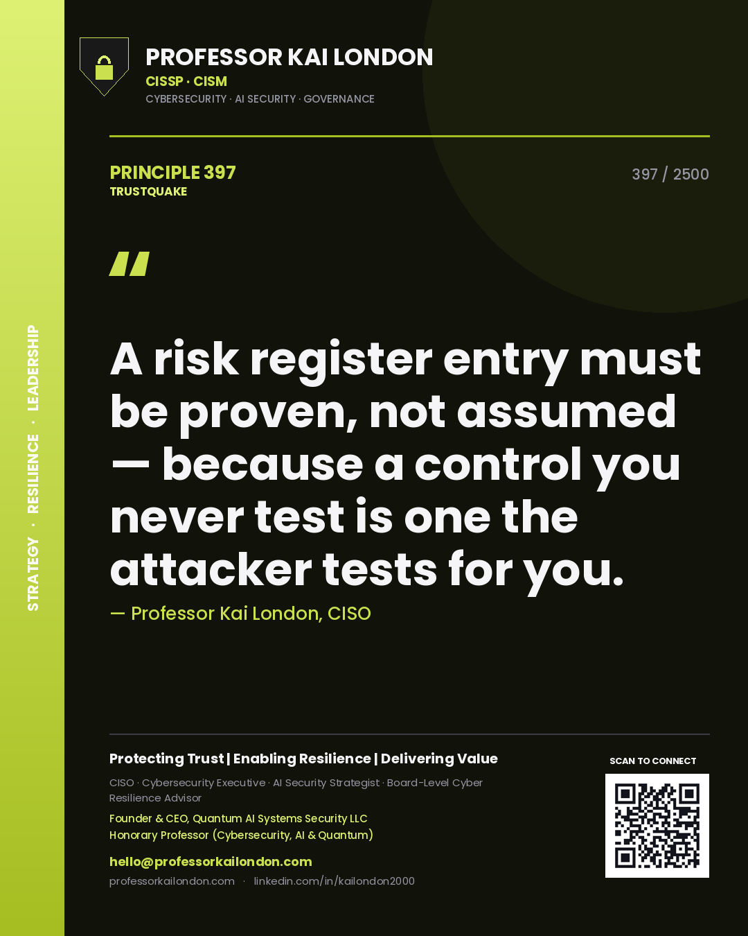 Quote card by Professor Kai London reading 'A risk register entry must be proven, not assumed — because a control you never test is one the attacker tests for you.'. From the book Trustquake.