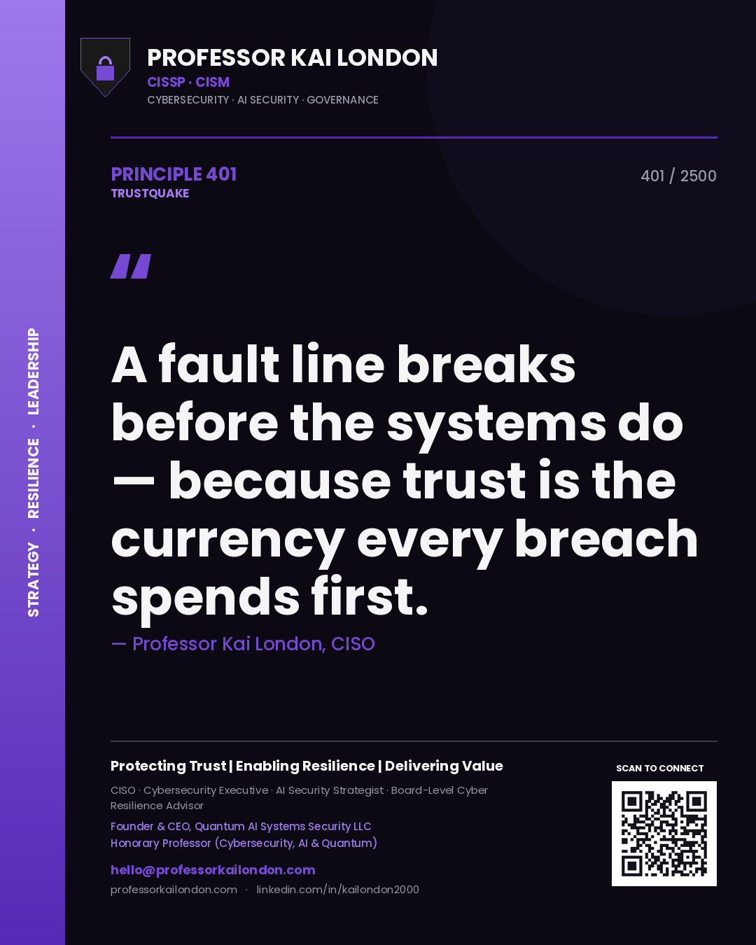 Quote card by Professor Kai London reading 'A fault line breaks before the systems do — because trust is the currency every breach spends first.'. From the book Trustquake.
