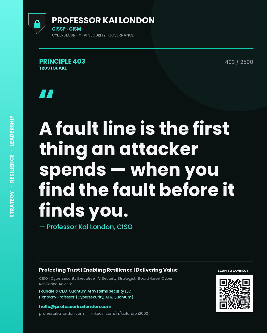 Quote card by Professor Kai London reading 'A fault line is the first thing an attacker spends — when you find the fault before it finds you.'. From the book Trustquake.