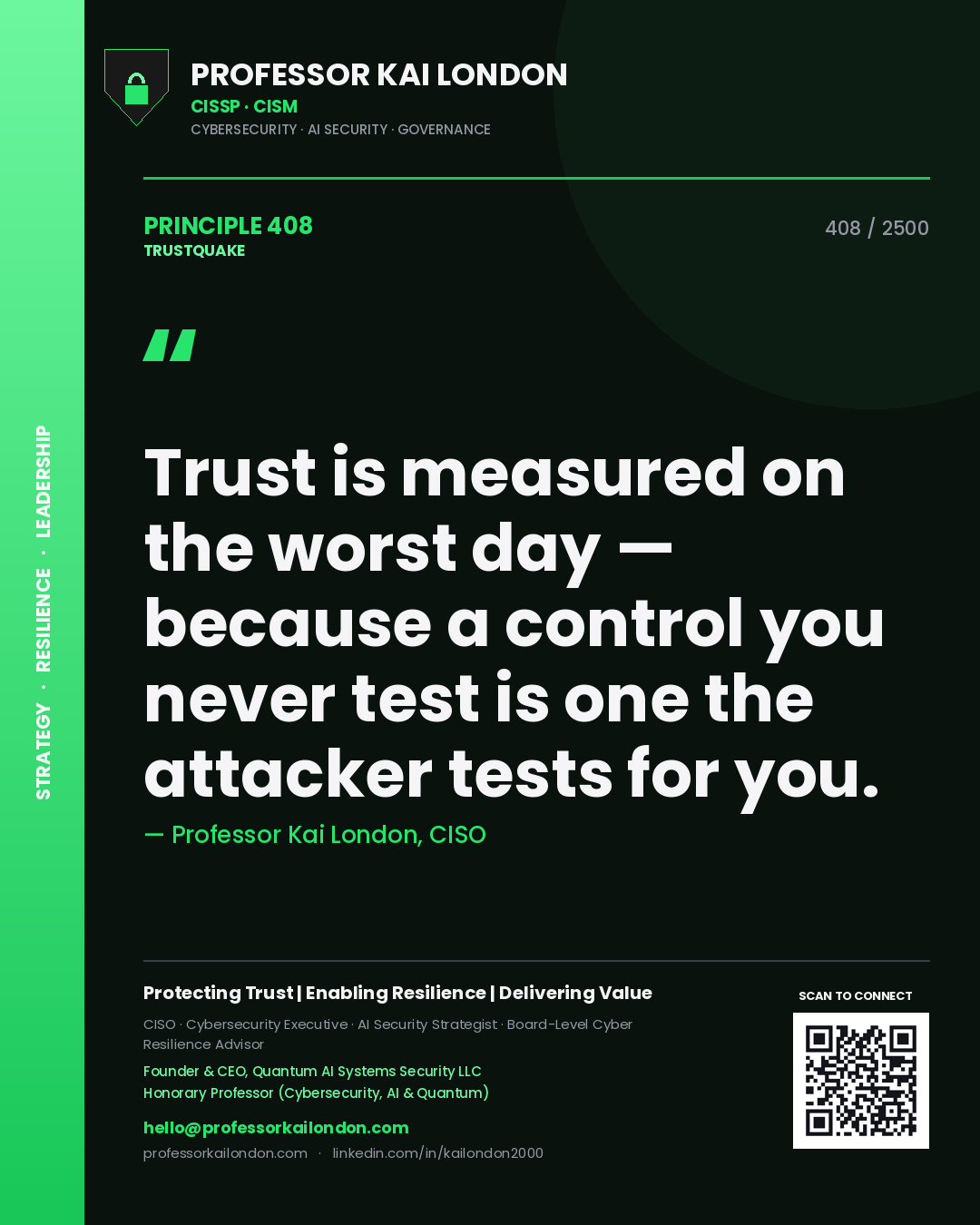 Professor Kai London principle 408: Trust is measured on the worst day — because a control you never test is one the attacker tests for you.