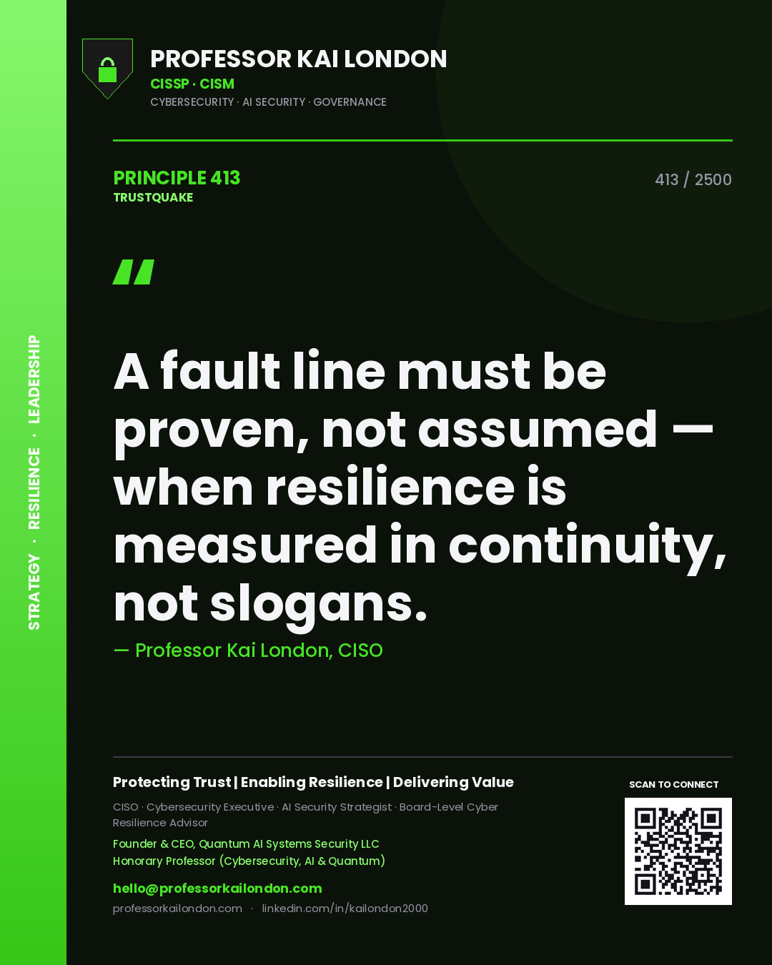Quote card by Professor Kai London reading 'A fault line must be proven, not assumed — when resilience is measured in continuity, not slogans.'. From the book Trustquake.
