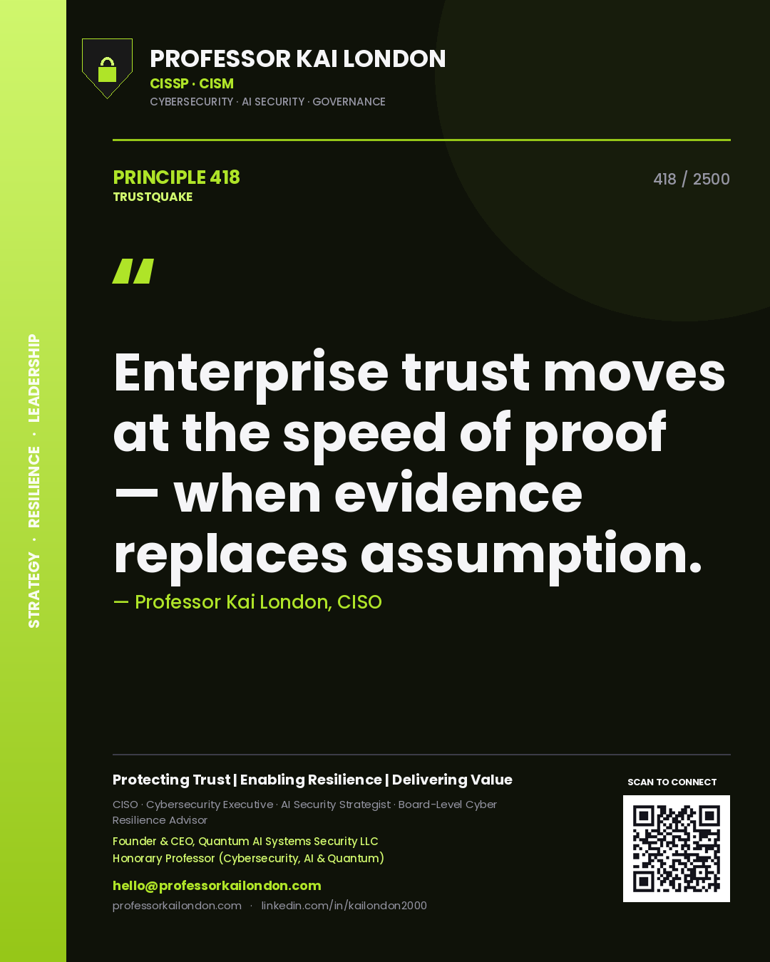 Professor Kai London principle 418: Enterprise trust moves at the speed of proof — when evidence replaces assumption.
