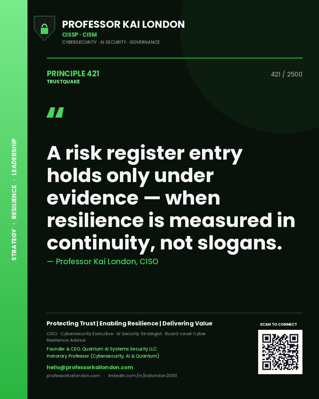 Quote card by Professor Kai London reading 'A risk register entry holds only under evidence — when resilience is measured in continuity, not slogans.'. From the book Trustquake.