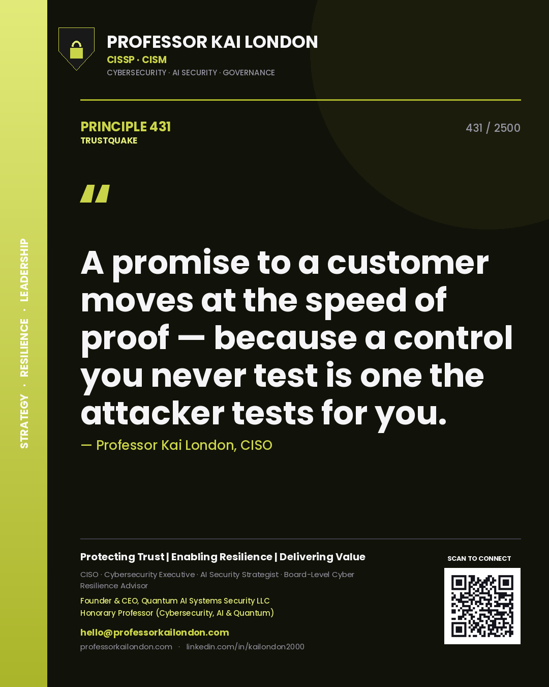 Professor Kai London principle 431: A promise to a customer moves at the speed of proof — because a control you never test is one the attacker tests for you.