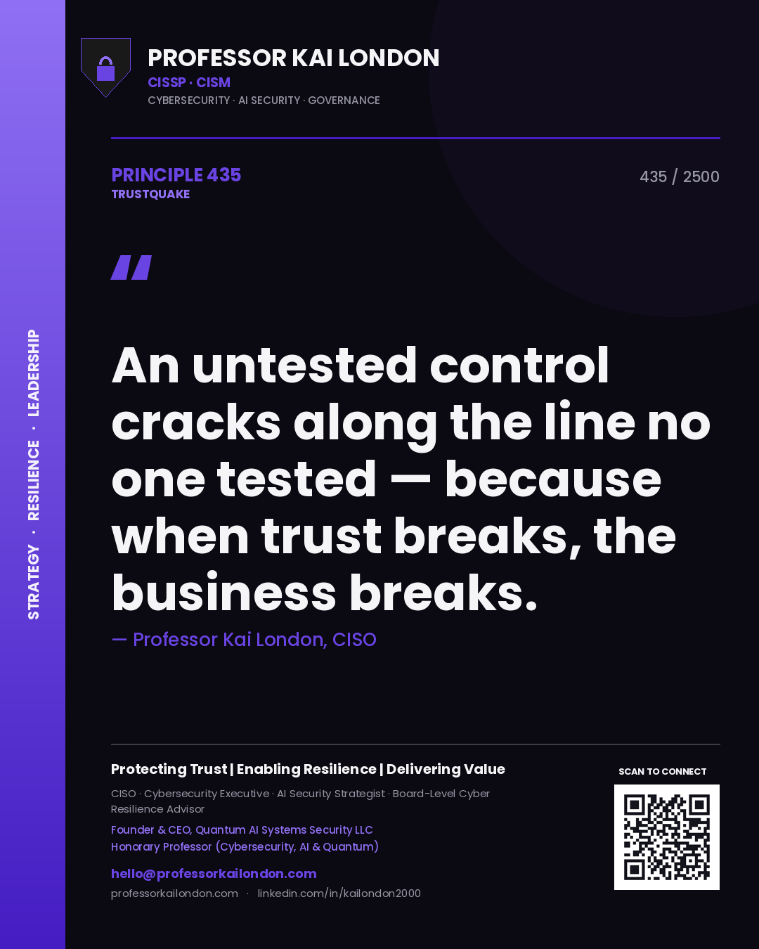 Professor Kai London principle 435: An untested control cracks along the line no one tested — because when trust breaks, the business breaks.