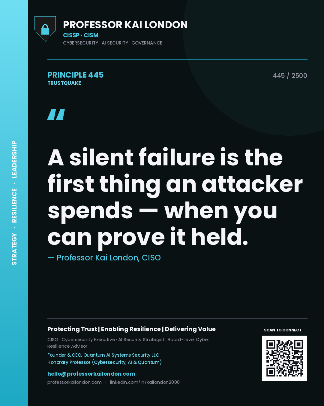 Professor Kai London principle 445: A silent failure is the first thing an attacker spends — when you can prove it held.