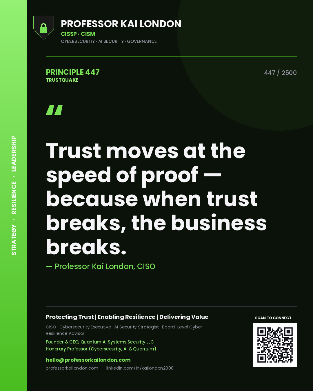 Professor Kai London principle 447: Trust moves at the speed of proof — because when trust breaks, the business breaks.