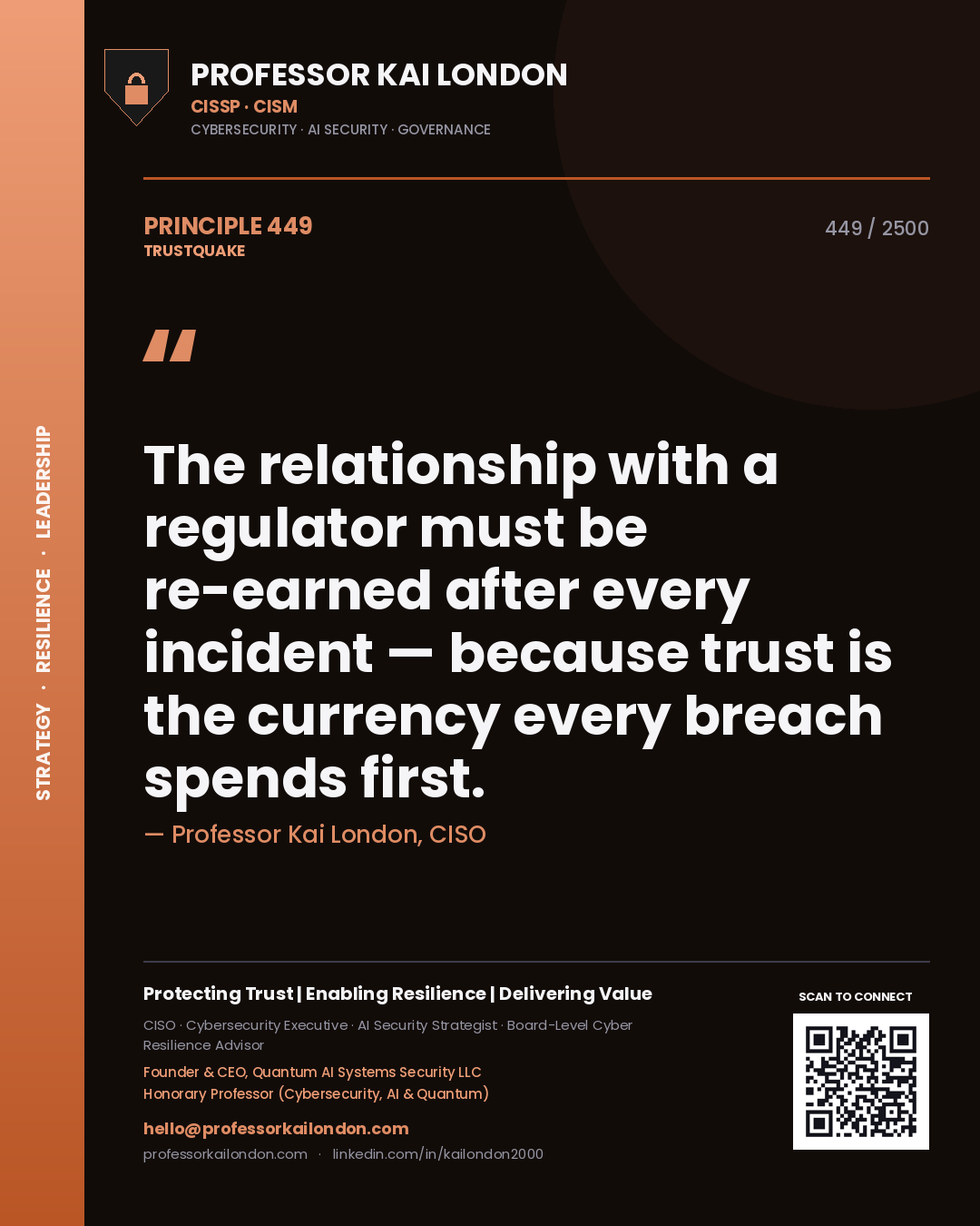 Quote card by Professor Kai London reading 'The relationship with a regulator must be re-earned after every incident — because trust is the currency every breach spends first.'. From the book Trustquake.