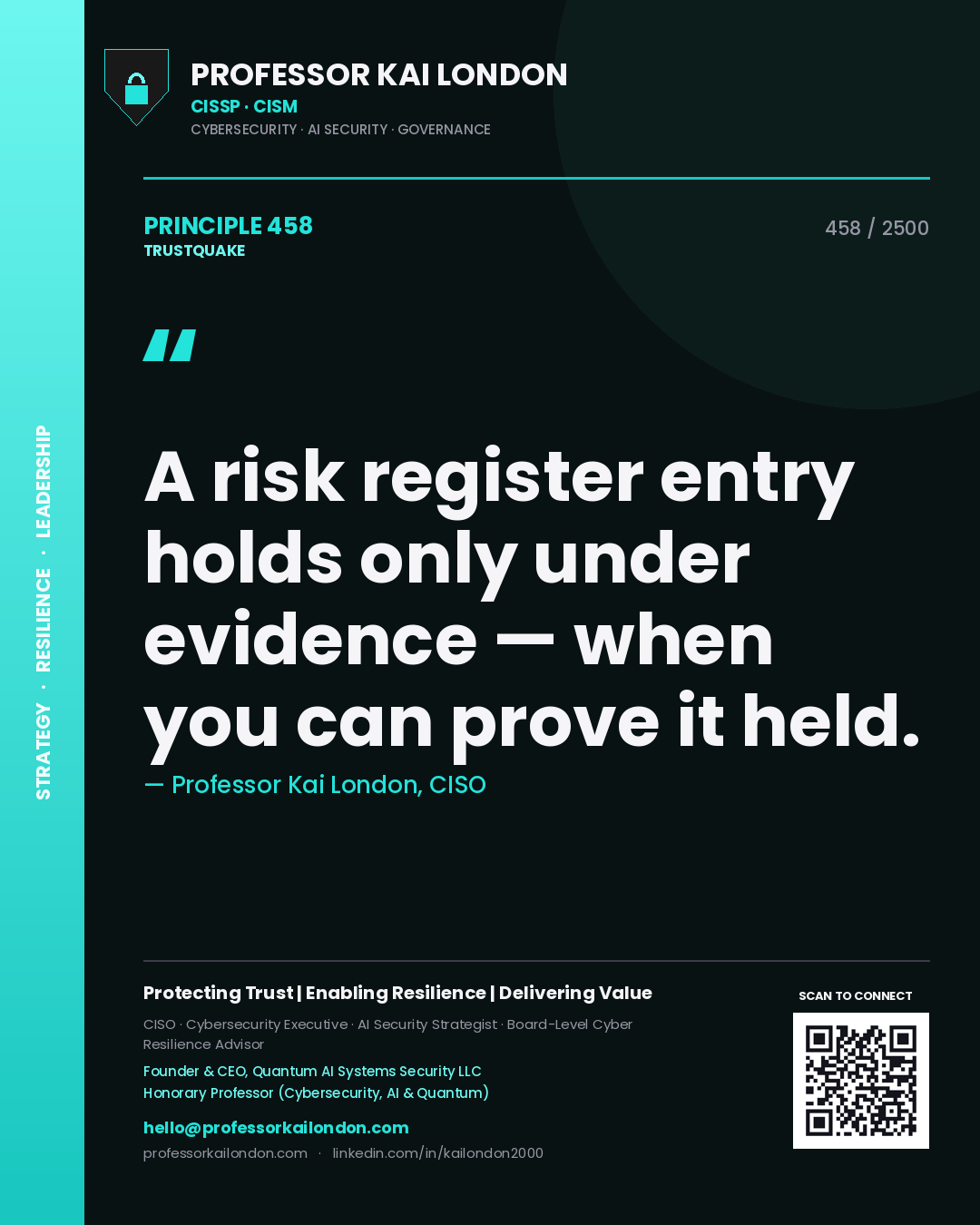 Professor Kai London principle 458: A risk register entry holds only under evidence — when you can prove it held.