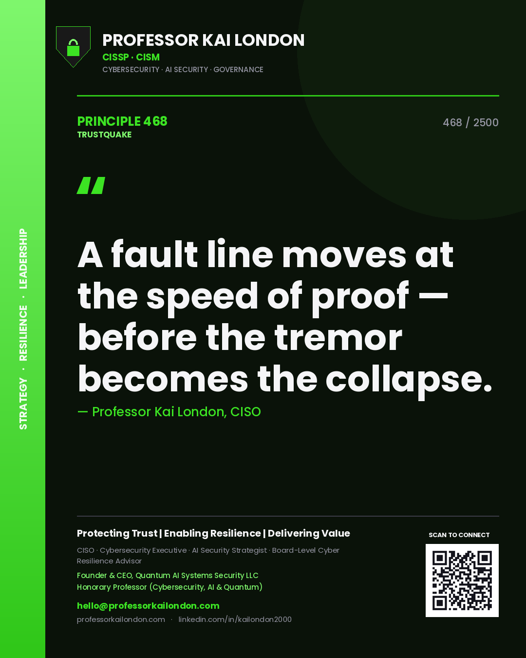 Professor Kai London principle 468: A fault line moves at the speed of proof — before the tremor becomes the collapse.
