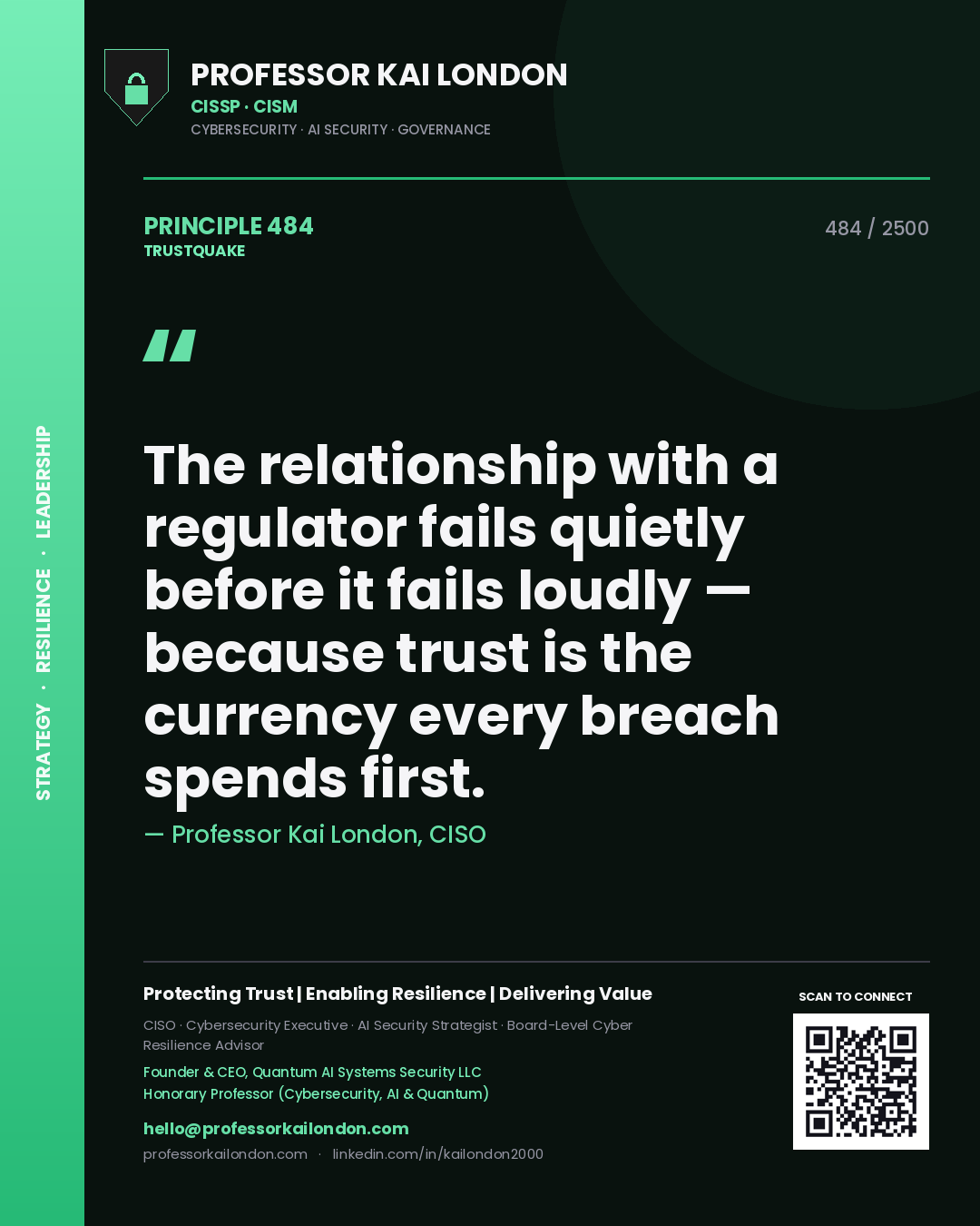 Quote card by Professor Kai London reading 'The relationship with a regulator fails quietly before it fails loudly — because trust is the currency every breach spends first.'. From the book Trustquake.