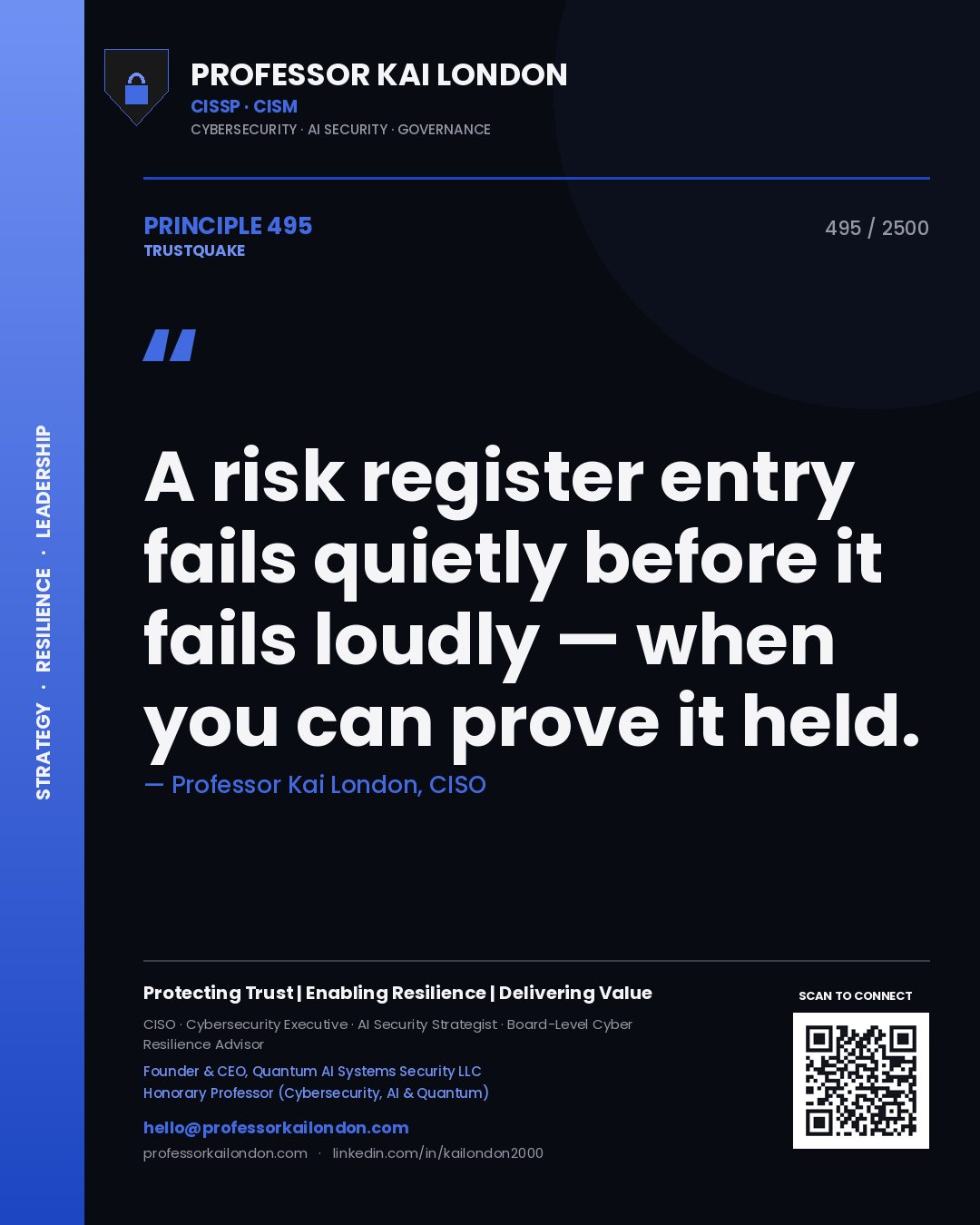 Professor Kai London principle 495: A risk register entry fails quietly before it fails loudly — when you can prove it held.