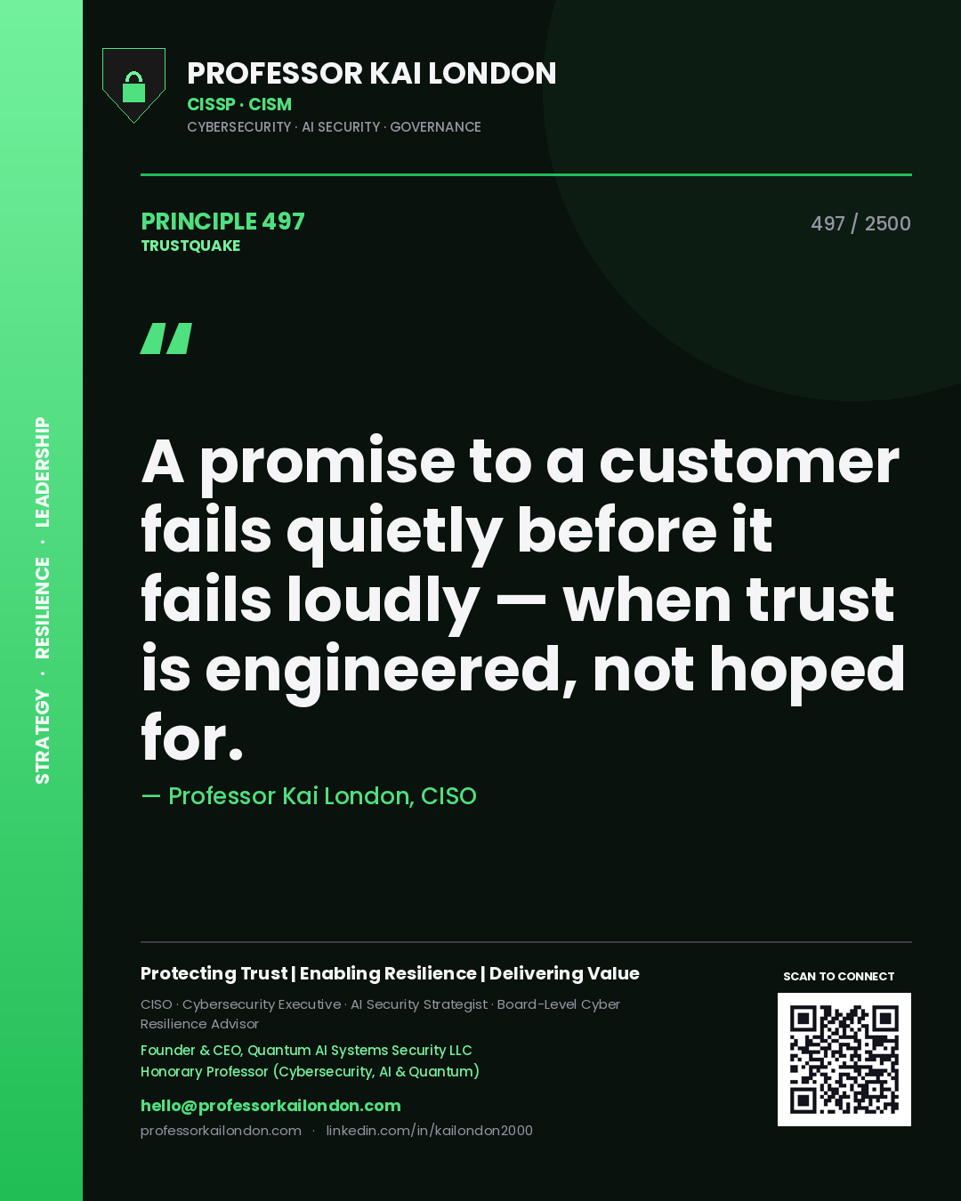 Quote card by Professor Kai London reading 'A promise to a customer fails quietly before it fails loudly — when trust is engineered, not hoped for.'. From the book Trustquake.