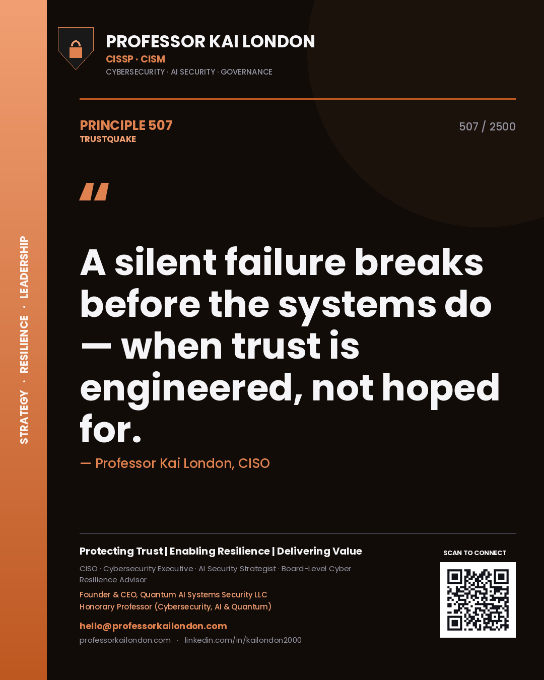 Quote card by Professor Kai London reading 'A silent failure breaks before the systems do — when trust is engineered, not hoped for.'. From the book Trustquake.