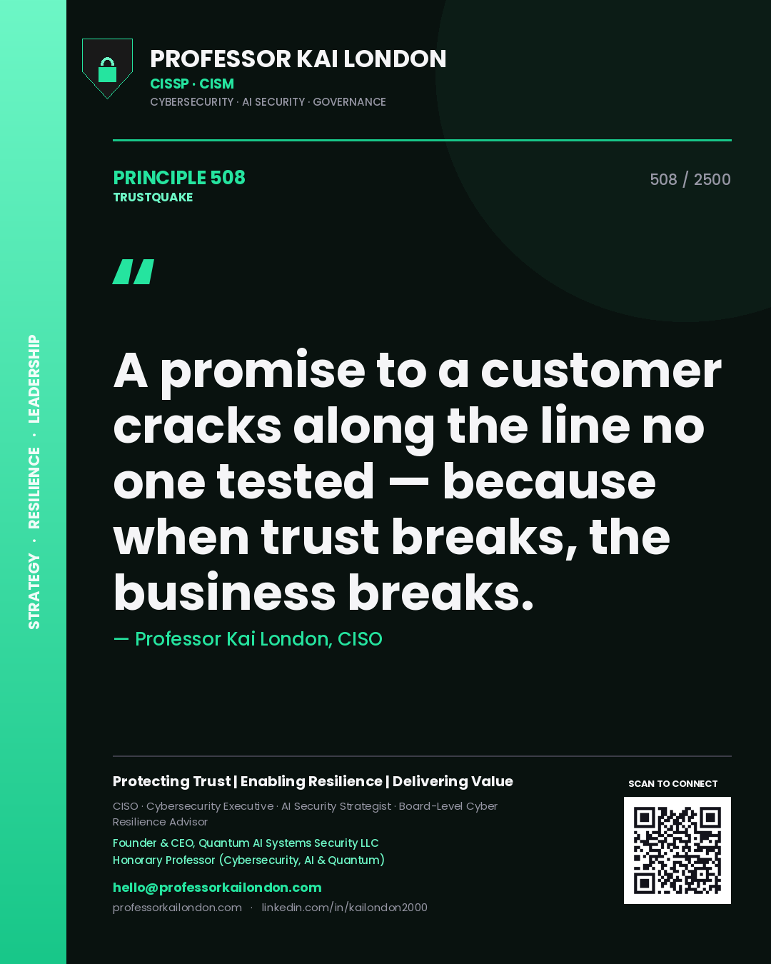 Quote card by Professor Kai London reading 'A promise to a customer cracks along the line no one tested — because when trust breaks, the business breaks.'. From the book Trustquake.