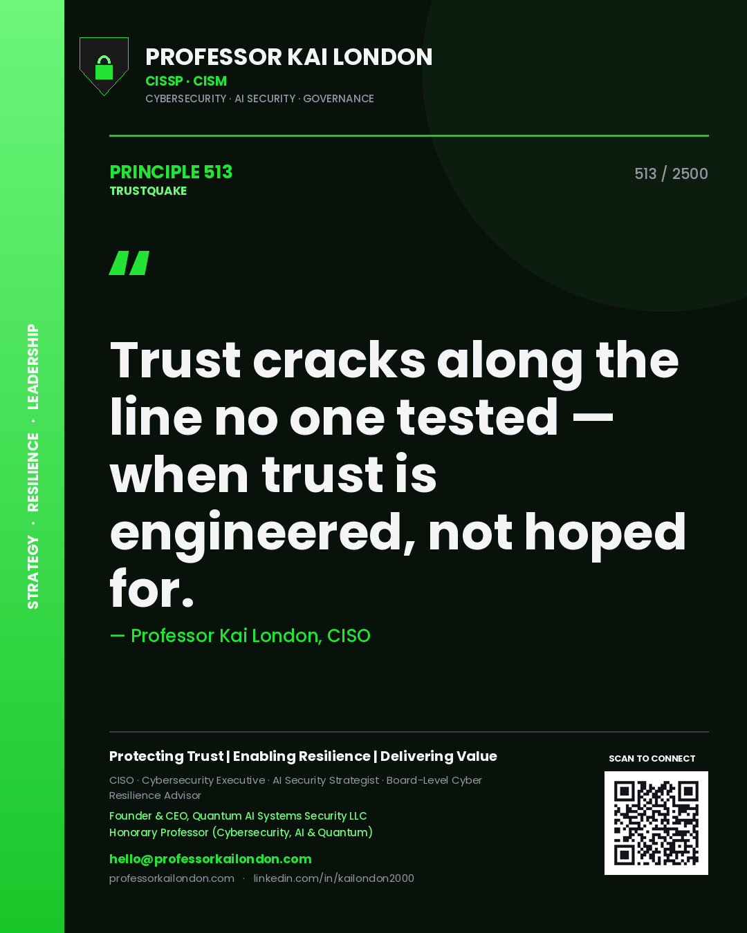 Quote card by Professor Kai London reading 'Trust cracks along the line no one tested — when trust is engineered, not hoped for.'. From the book Trustquake.