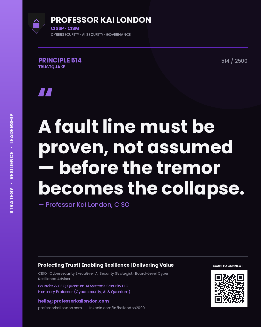 Quote card by Professor Kai London reading 'A fault line must be proven, not assumed — before the tremor becomes the collapse.'. From the book Trustquake.