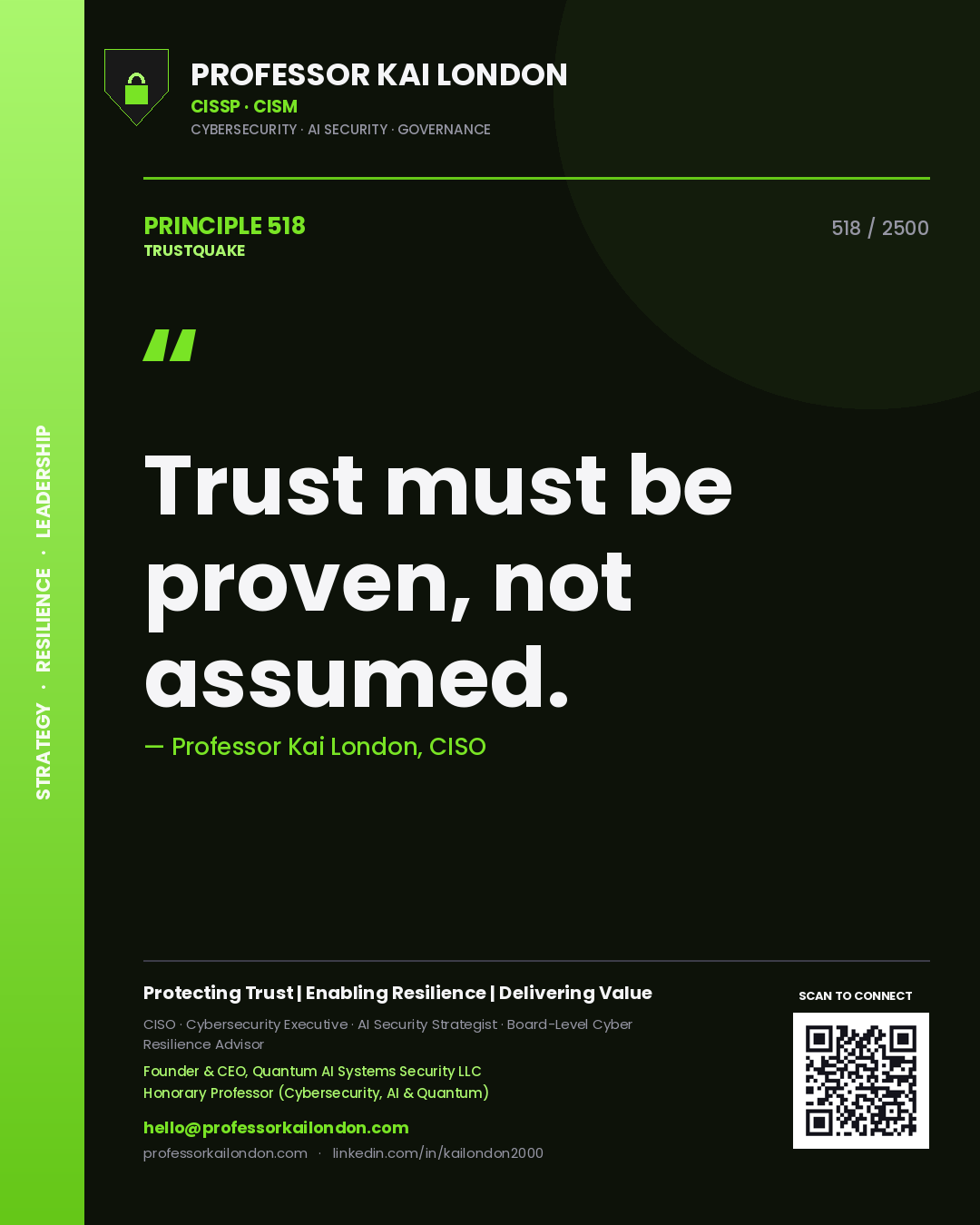 Quote card by Professor Kai London reading 'Trust must be proven, not assumed.'. From the book Trustquake.