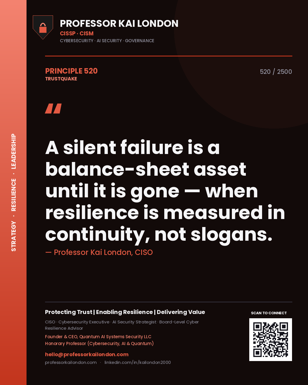 Quote card by Professor Kai London reading 'A silent failure is a balance-sheet asset until it is gone — when resilience is measured in continuity, not slogans.'. From the book Trustquake.