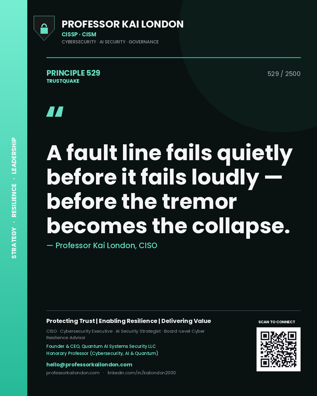 Quote card by Professor Kai London reading 'A fault line fails quietly before it fails loudly — before the tremor becomes the collapse.'. From the book Trustquake.