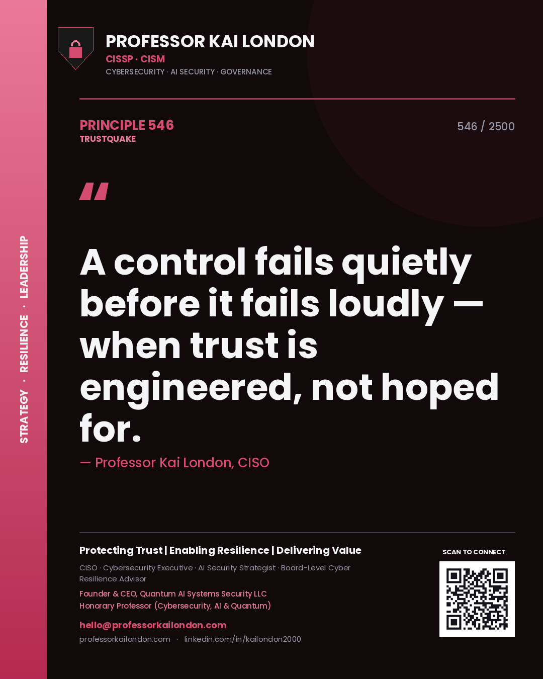 Quote card by Professor Kai London reading 'A control fails quietly before it fails loudly — when trust is engineered, not hoped for.'. From the book Trustquake.
