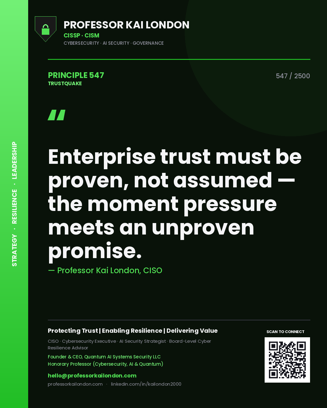 Quote card by Professor Kai London reading 'Enterprise trust must be proven, not assumed — the moment pressure meets an unproven promise.'. From the book Trustquake.