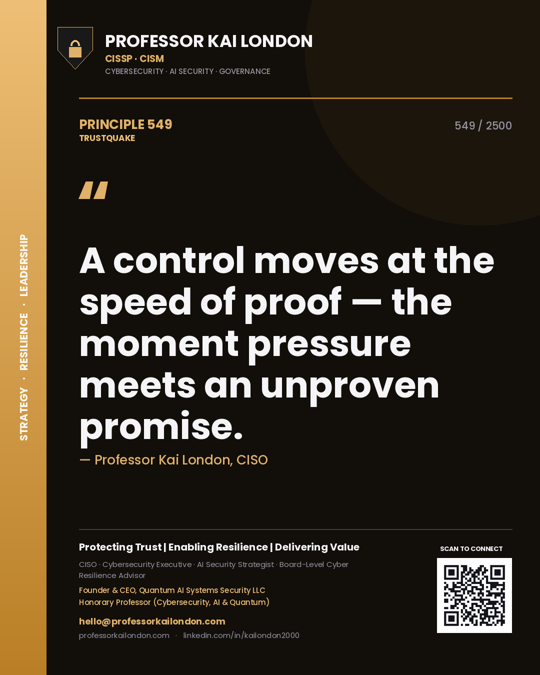 Quote card by Professor Kai London reading 'A control moves at the speed of proof — the moment pressure meets an unproven promise.'. From the book Trustquake.