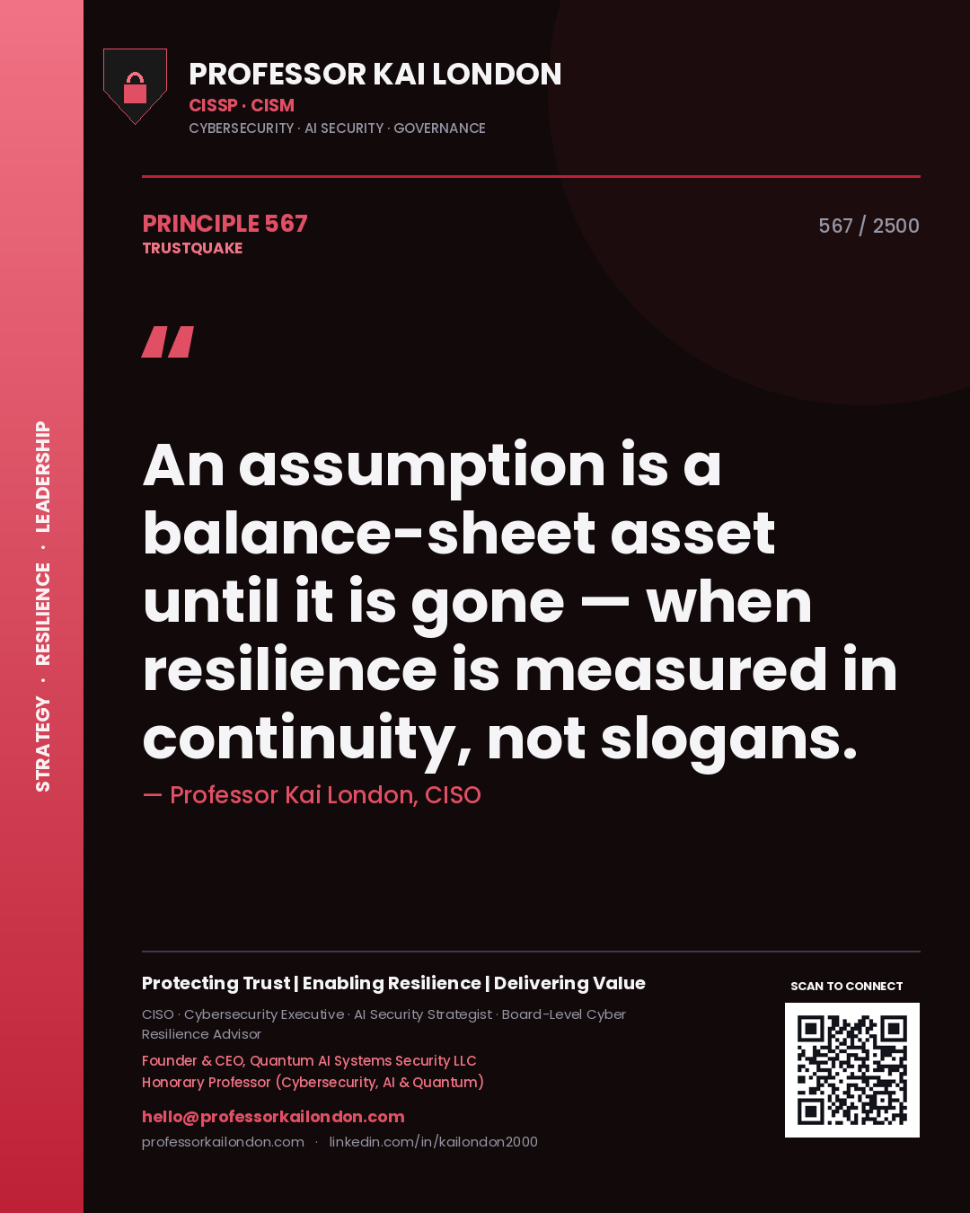 Quote card by Professor Kai London reading 'An assumption is a balance-sheet asset until it is gone — when resilience is measured in continuity, not slogans.'. From the book Trustquake.