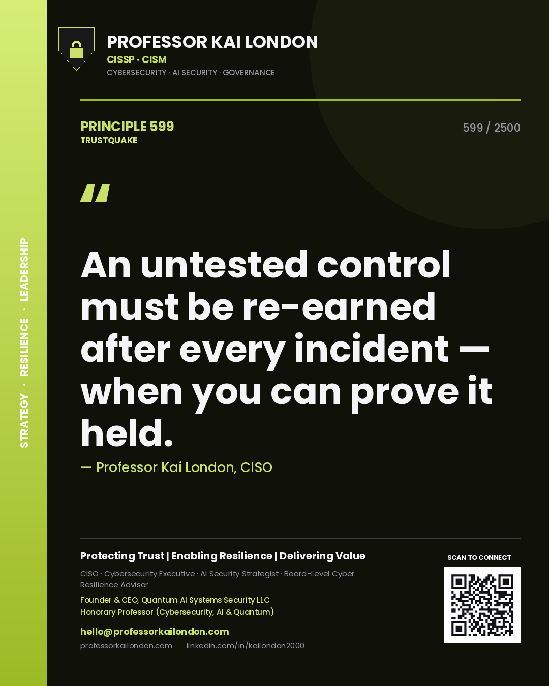 Quote card by Professor Kai London reading 'An untested control must be re-earned after every incident — when you can prove it held.'. From the book Trustquake.