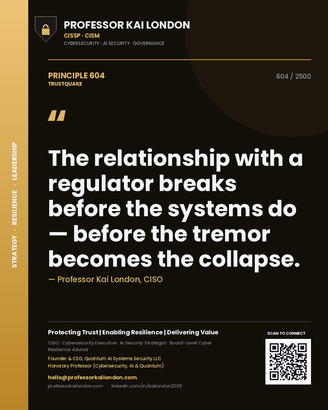Quote card by Professor Kai London reading 'The relationship with a regulator breaks before the systems do — before the tremor becomes the collapse.'. From the book Trustquake.