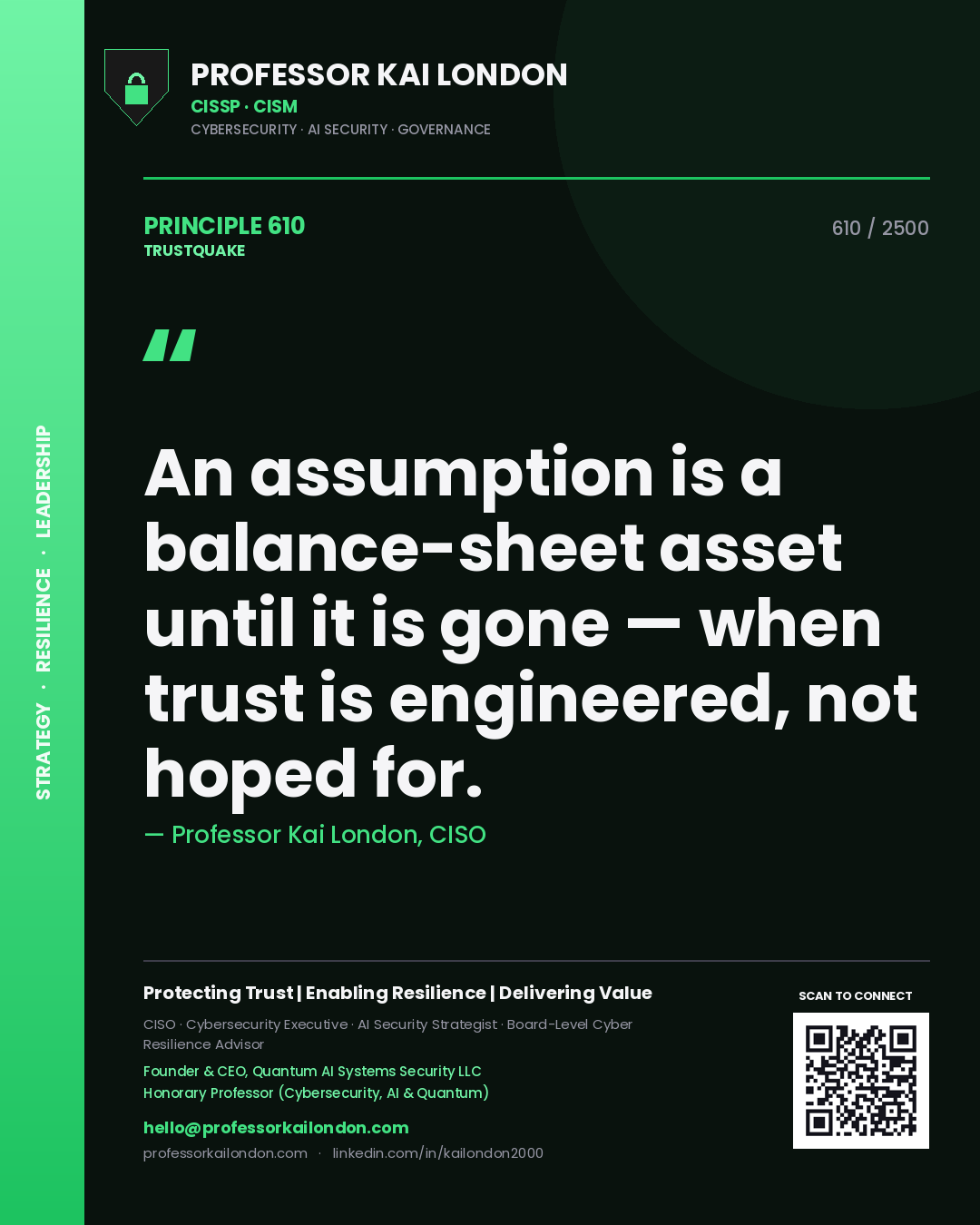 Professor Kai London principle 610: An assumption is a balance-sheet asset until it is gone — when trust is engineered, not hoped for.