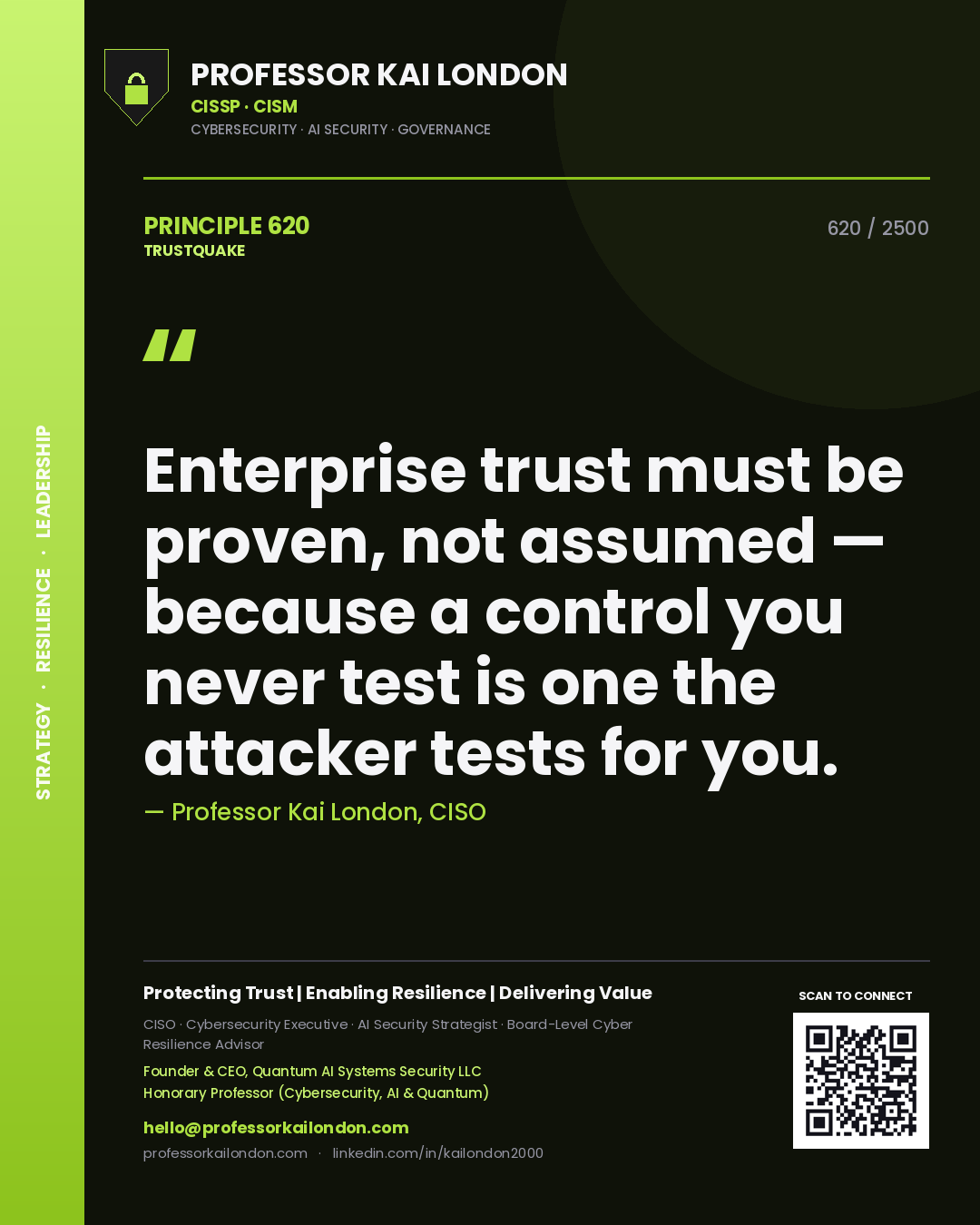 Quote card by Professor Kai London reading 'Enterprise trust must be proven, not assumed — because a control you never test is one the attacker tests for you.'. From the book Trustquake.