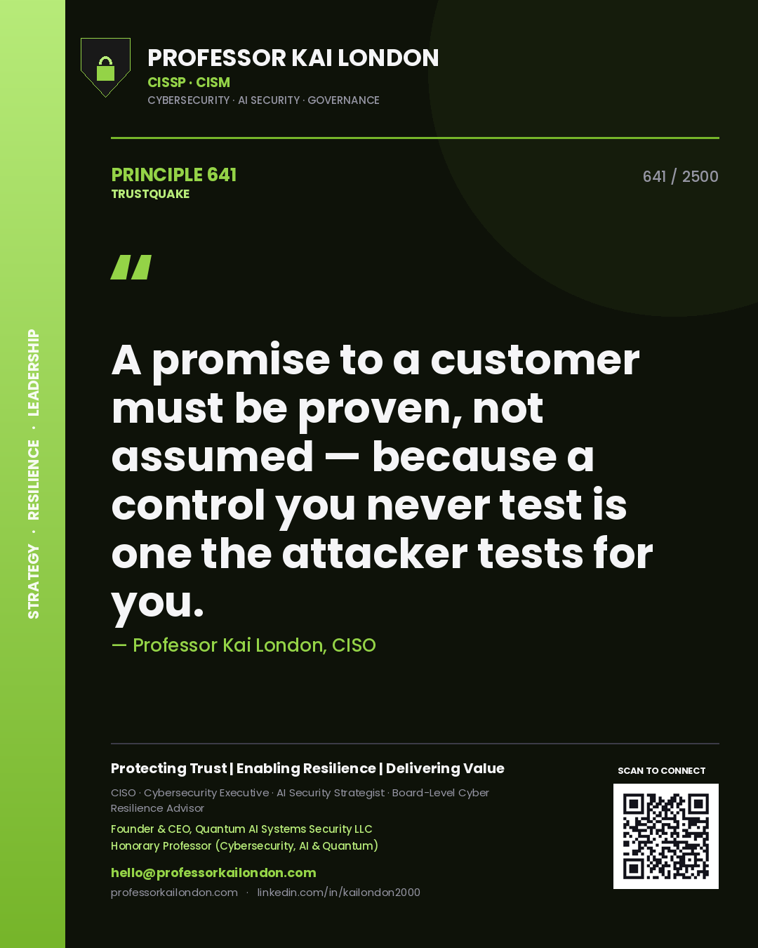 Quote card by Professor Kai London reading 'A promise to a customer must be proven, not assumed — because a control you never test is one the attacker tests for you.'. From the book Trustquake.