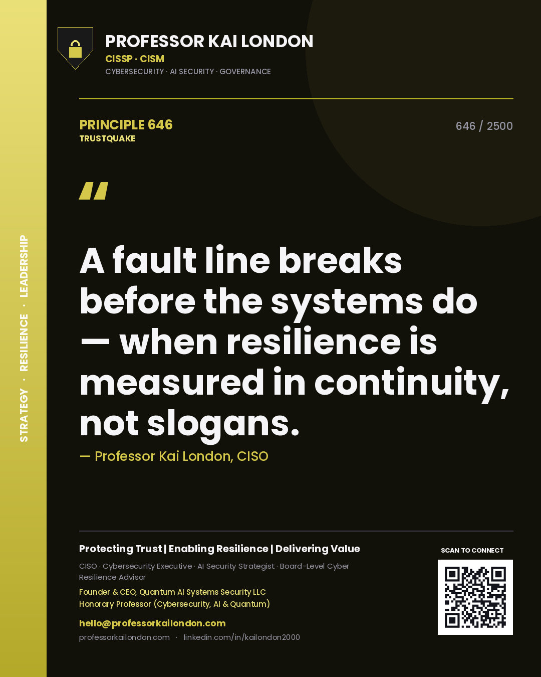 Professor Kai London principle 646: A fault line breaks before the systems do — when resilience is measured in continuity, not slogans.