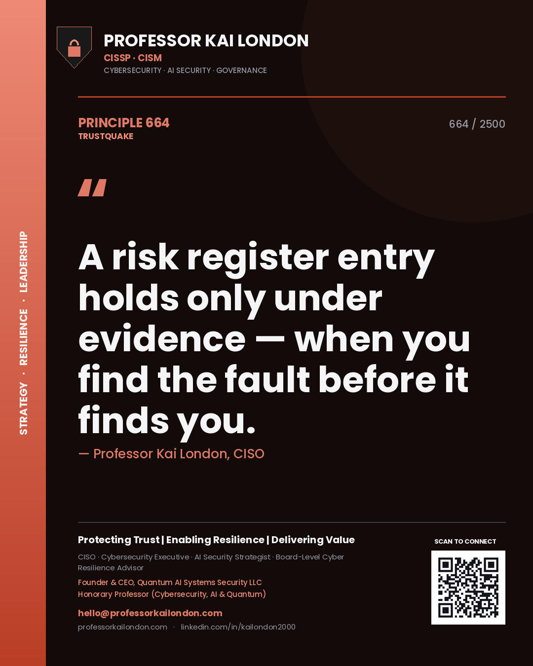 Professor Kai London principle 664: A risk register entry holds only under evidence — when you find the fault before it finds you.