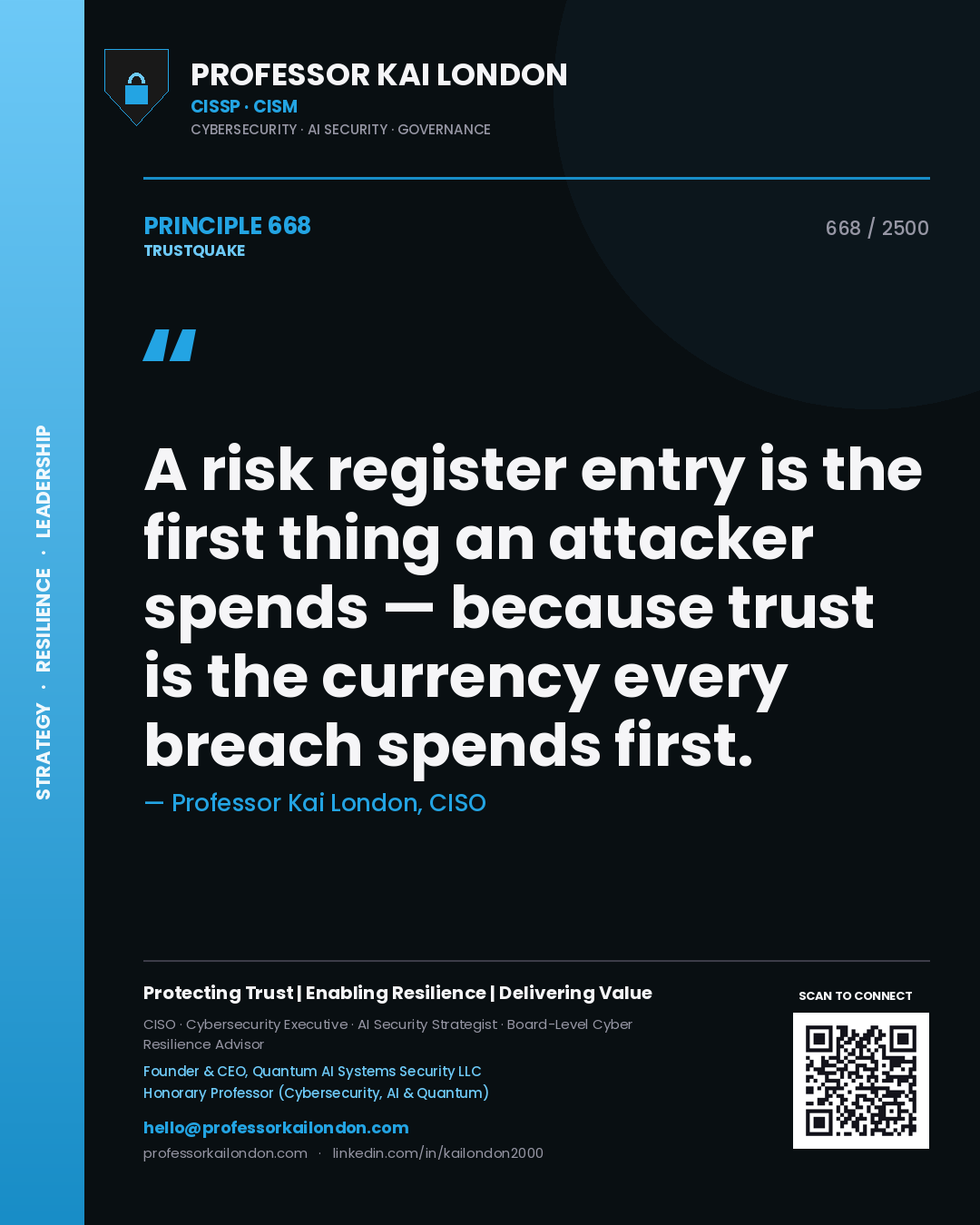 Professor Kai London principle 668: A risk register entry is the first thing an attacker spends — because trust is the currency every breach spends first.